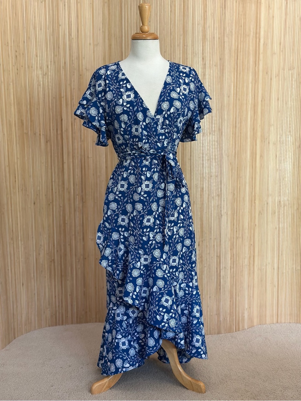 Max Studio Navy and White Floral Wrap Maxi Dress